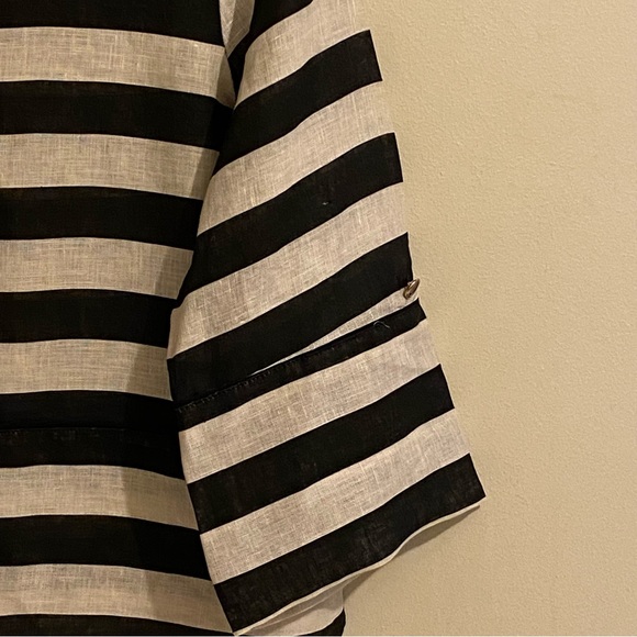 Zara Women’s 100% Linen Size M Tan/Black Round Neck 3/4 Roll Tab Sleeves - Picture 6 of 11